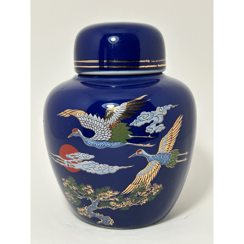 Vintage‎ Cobalt Blue Porcelain Ginger Jar Flying Cranes Pine Tree Gold Trim Lid